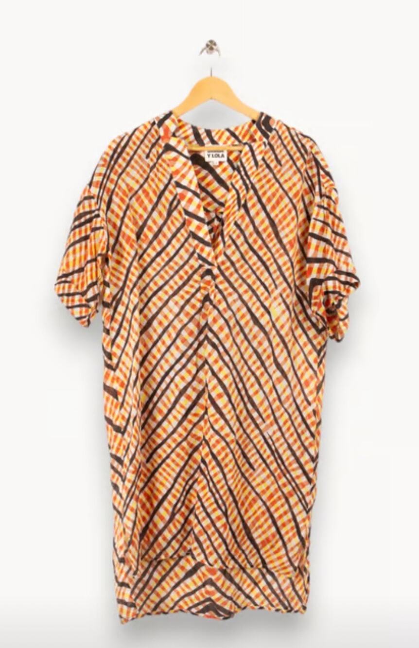Bimba y Lola Linen Mini Dress Unlined Short Sleeve V-neck Orange Print Medium